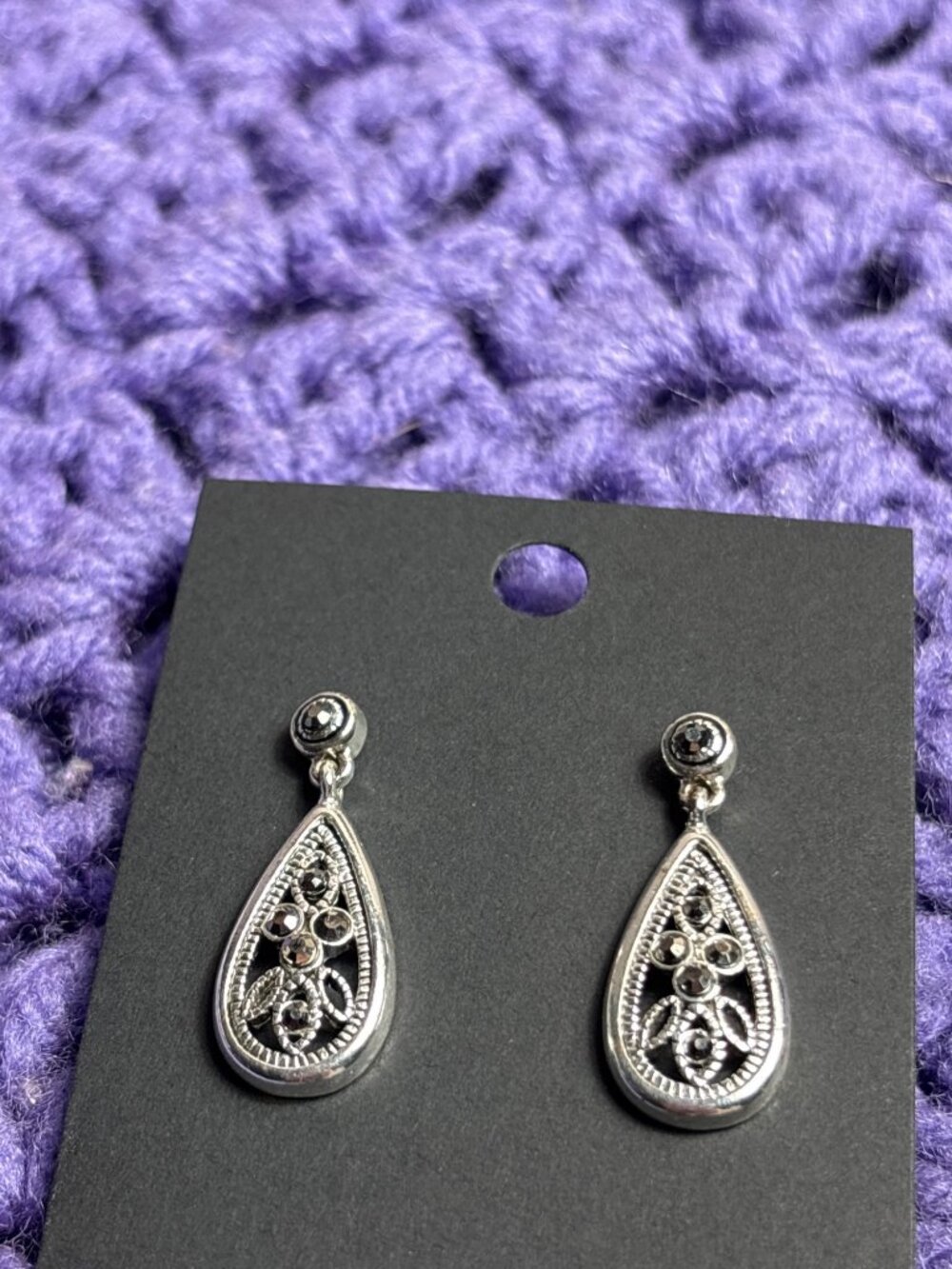 Silvertone Teardrop Dangle Earrings Grey Rhinestones 1 inch
